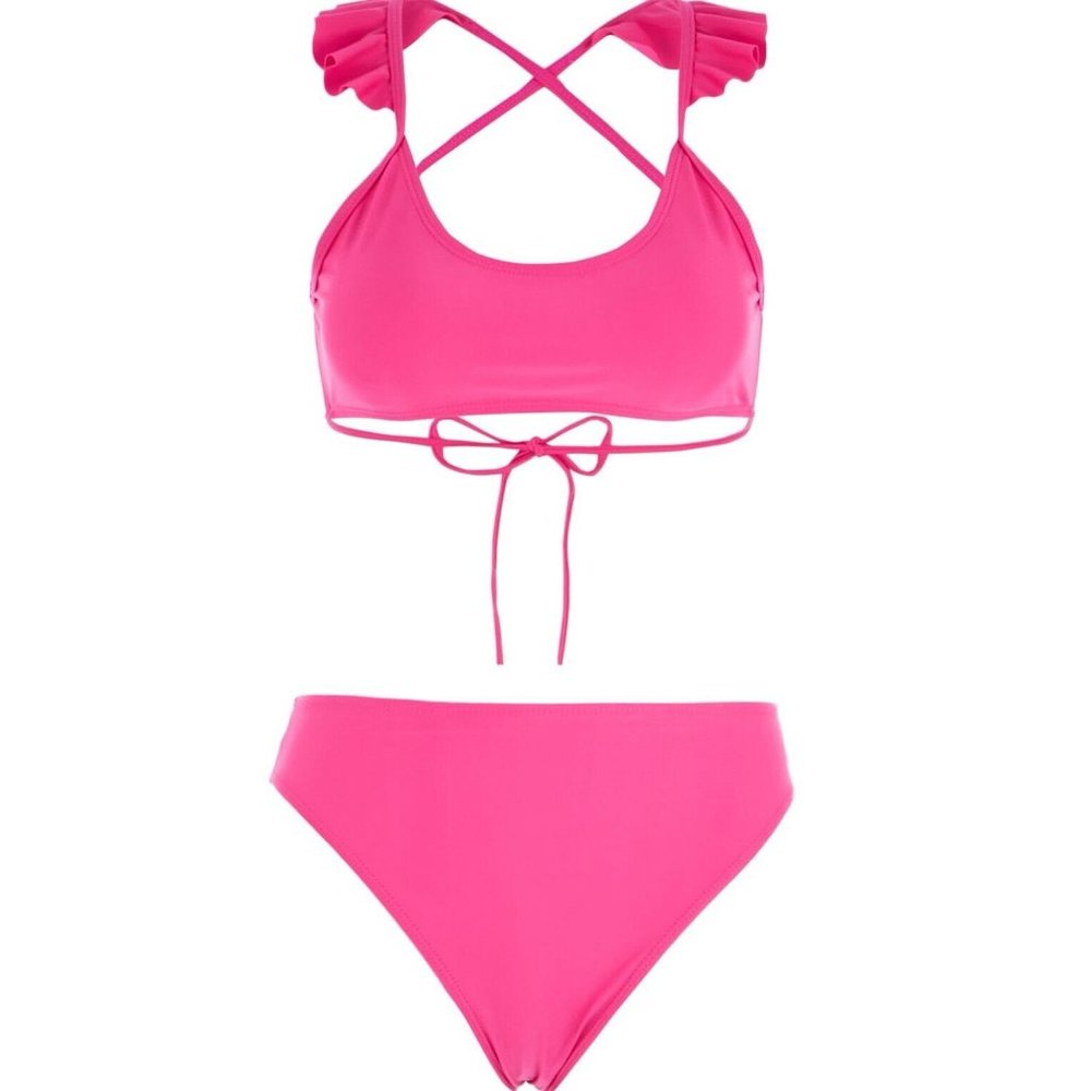 LA LA Swim High Waisted Bikini MEDIUM Ruffle Top LARGE Set Pink